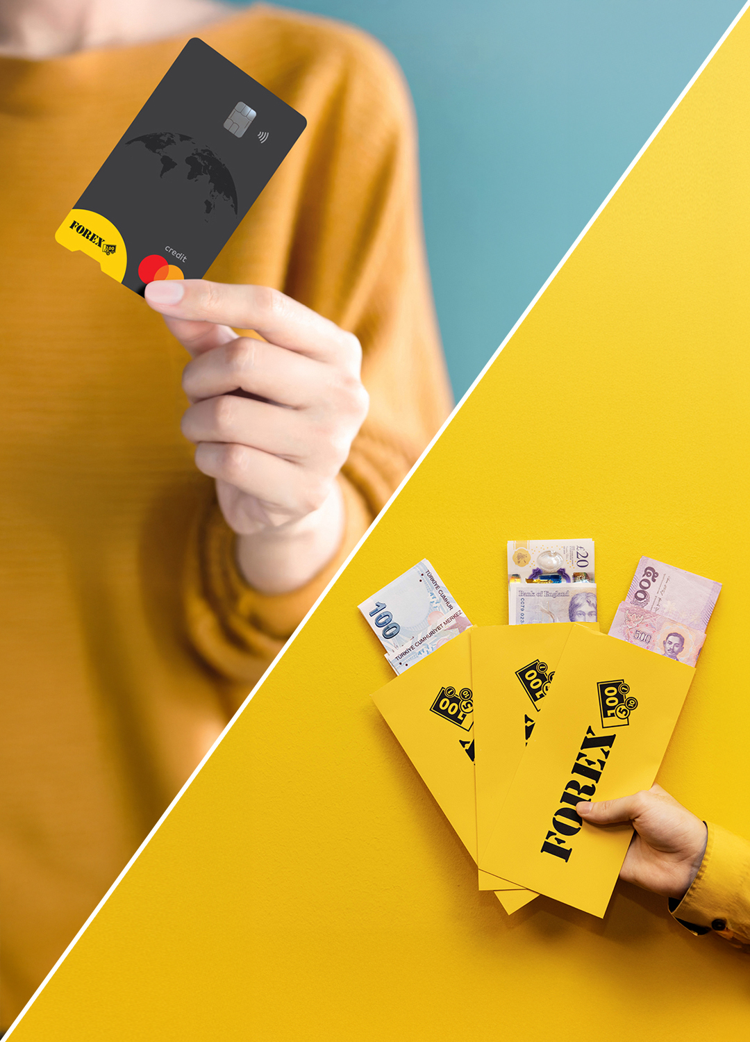 Person holding a Forex-branded credit card, alongside yellow Forex envelopes containing international banknotes, against a vibrant background.