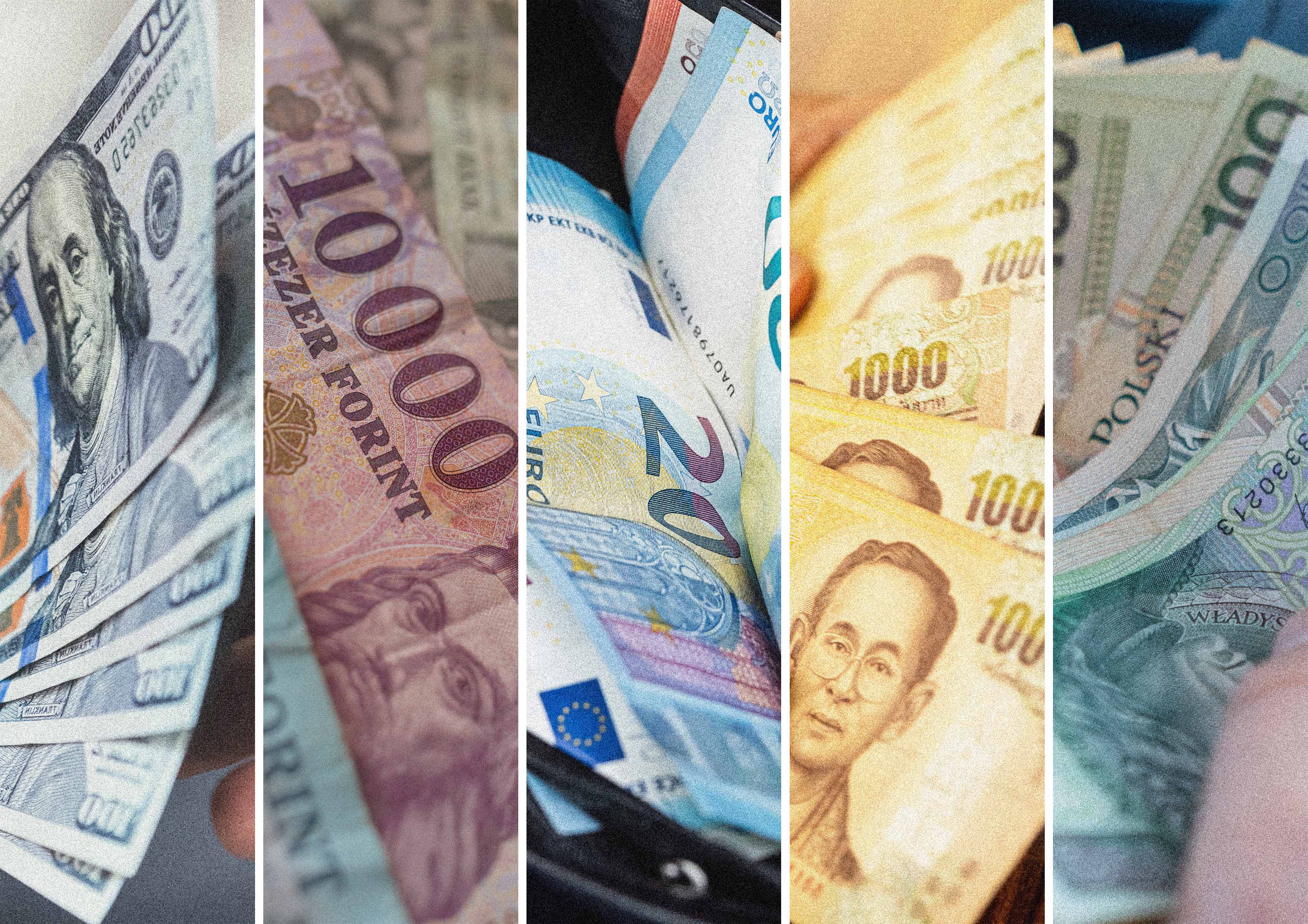 Nærbillede af pengesedler i forskellige valutaer – amerikanske dollars, euro, thailandske baht, ungarske forint og polske zloty – arrangeret side om side