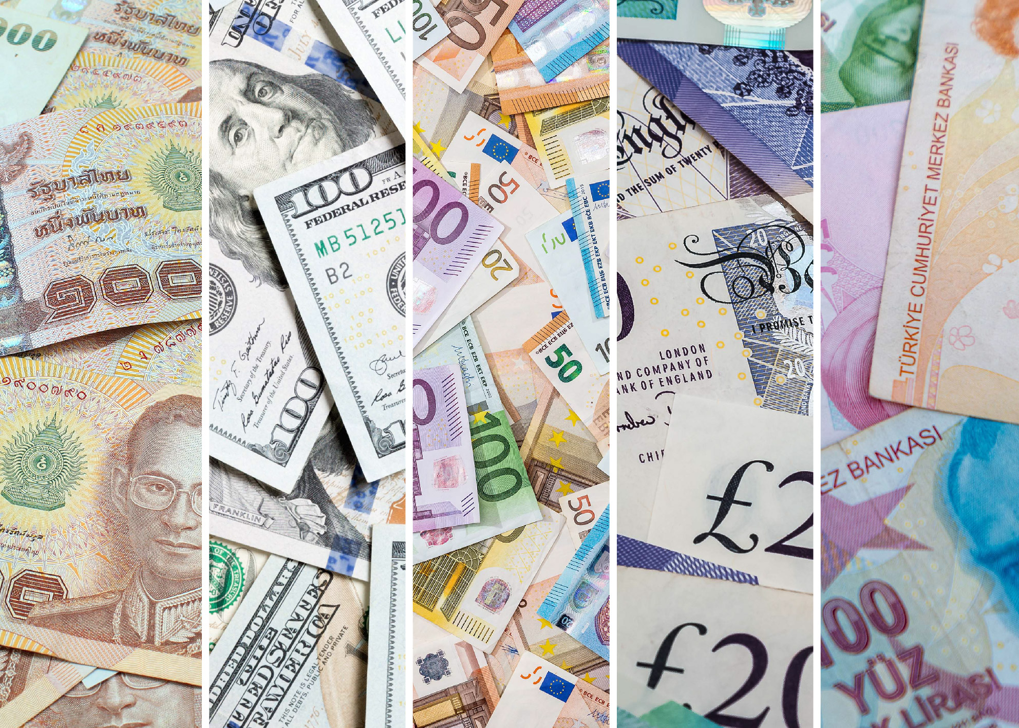 Forskellige internationale valutaer, herunder amerikanske dollars, euro, britiske pund, thailandske baht og tyrkiske lira.