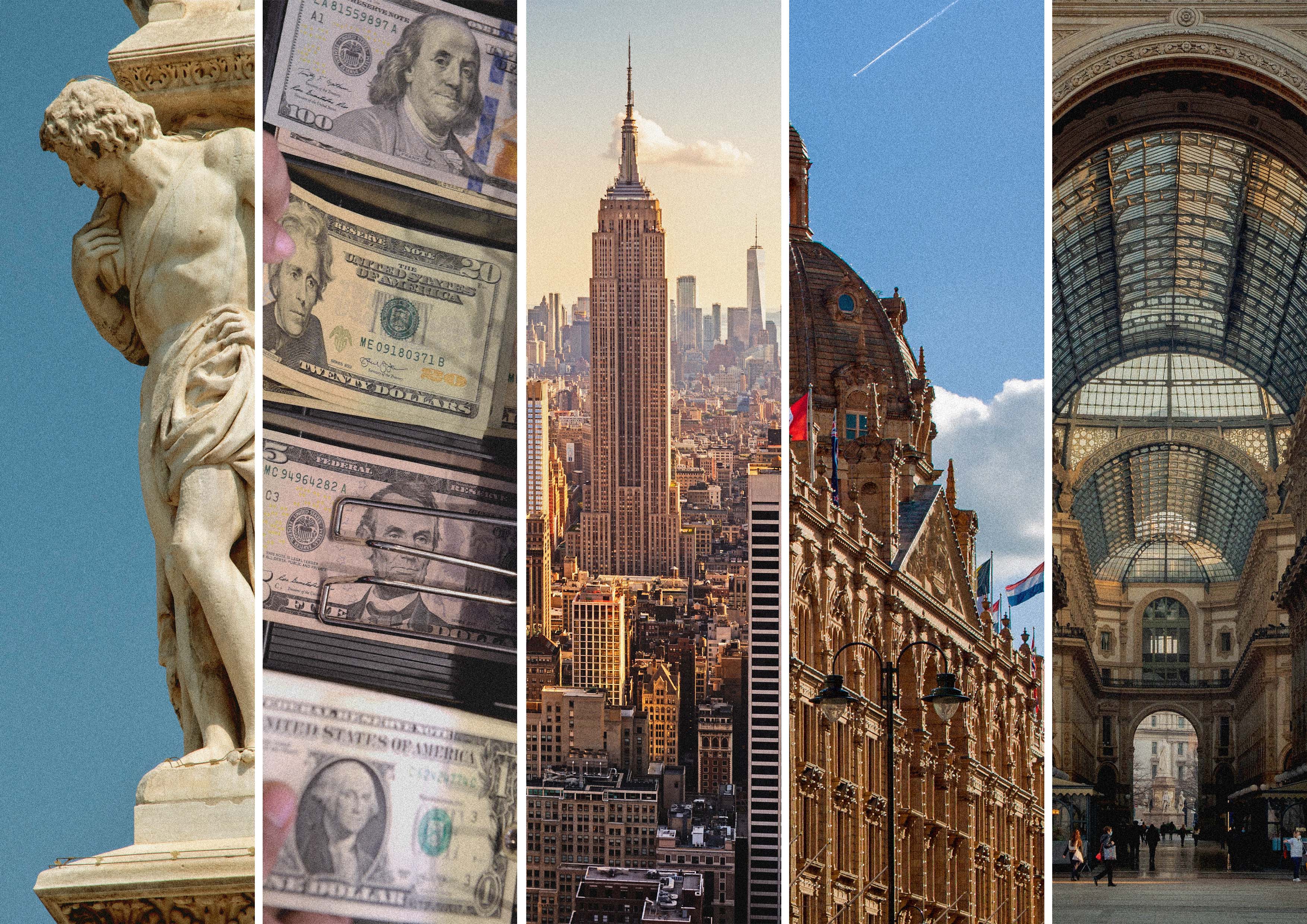 Skulptur, amerikanske dollars, New York skyline, historisk europæisk arkitektur og indvendig arkade med glasloft.