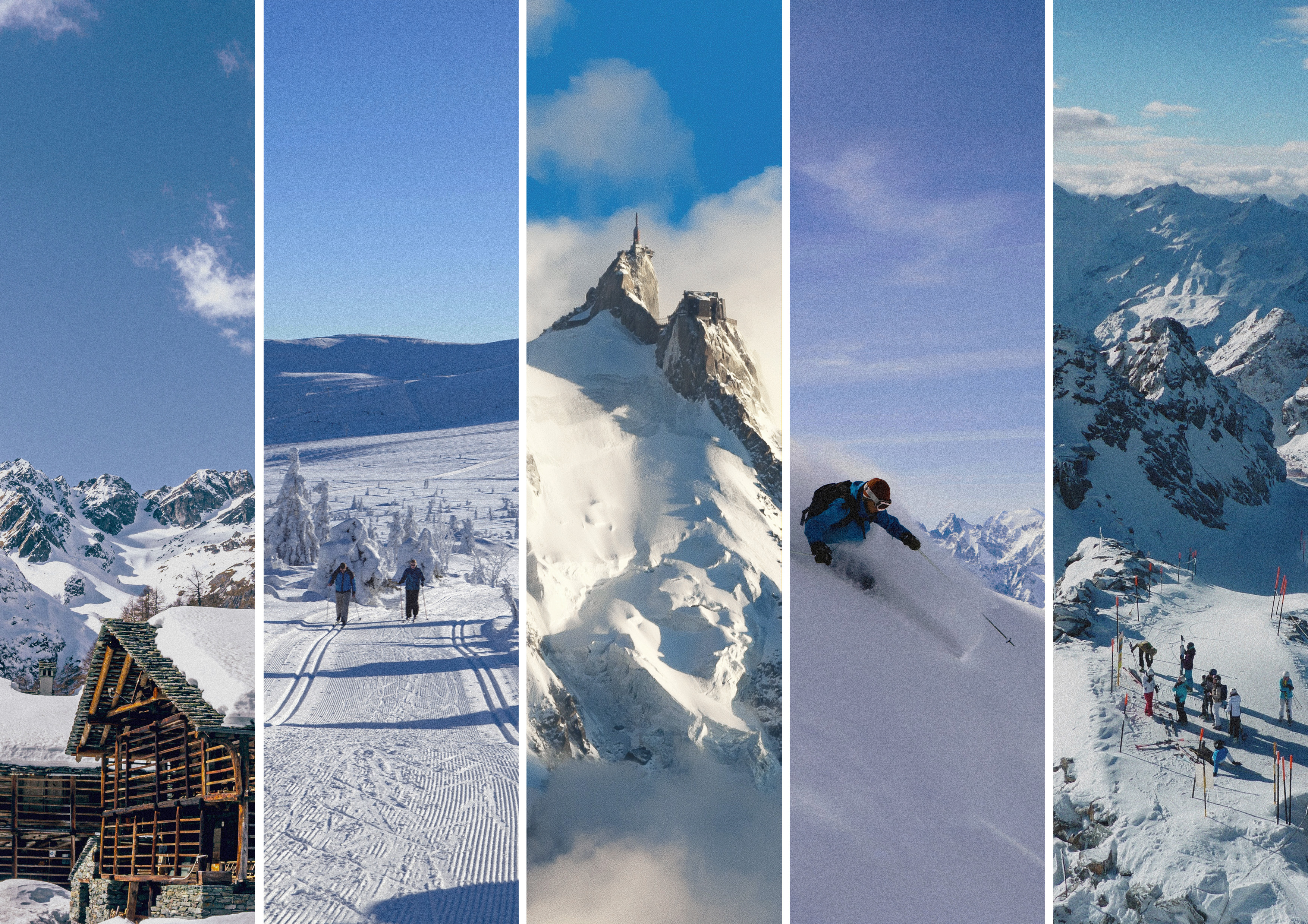 Collage af fem billeder fra alpine skisportssteder, herunder sneklædte bjerge, skiløbere på pisterne, træhytter, og frostklædte landskaber under en klar blå himmel.