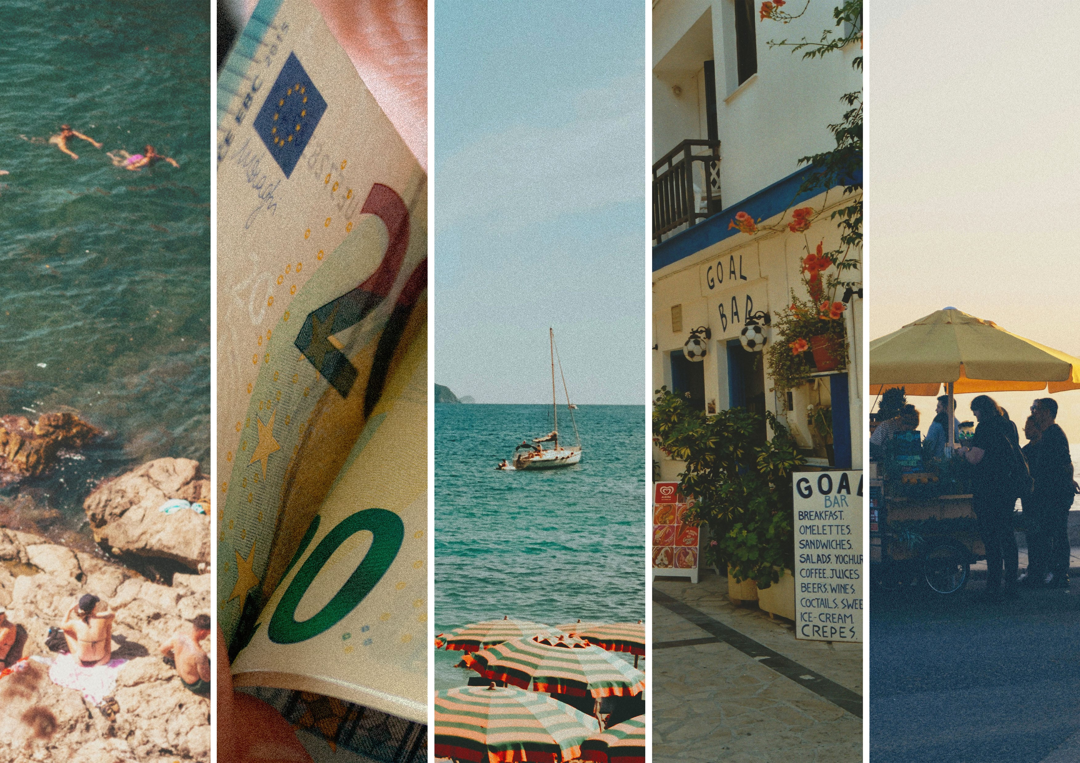 Collage med strandliv, badegæster, sejlbåd og eurosedler, der symboliserer strandferier, rejsebudgetter og turisme ved Middelhavet.