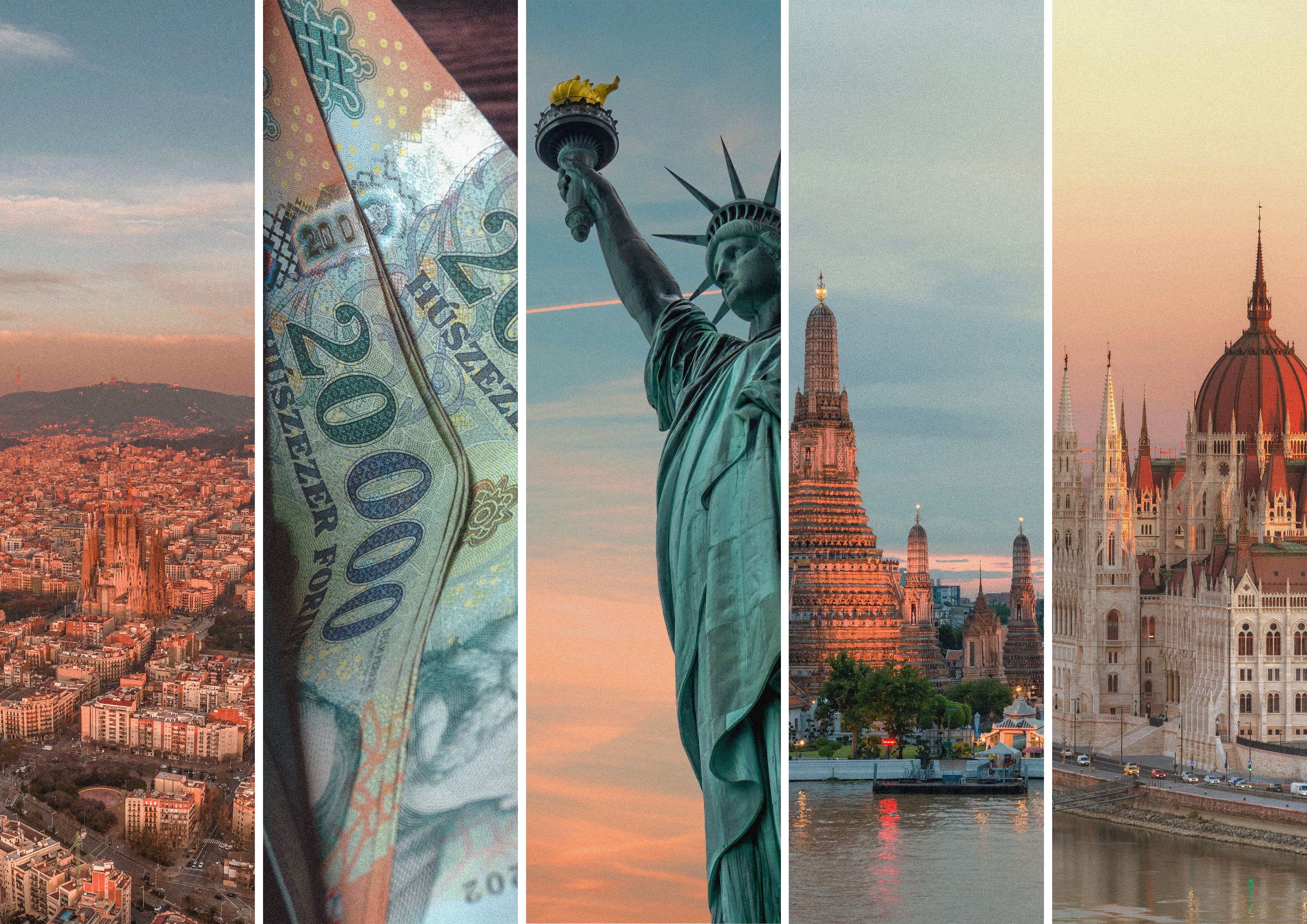 Collage af fem billeder, der viser Sagrada Família i Barcelona, ungarske pengesedler, Frihedsgudinden i New York, Wat Arun-templet i Bangkok og Parlamentsbygningen i Budapest ved solnedgang.