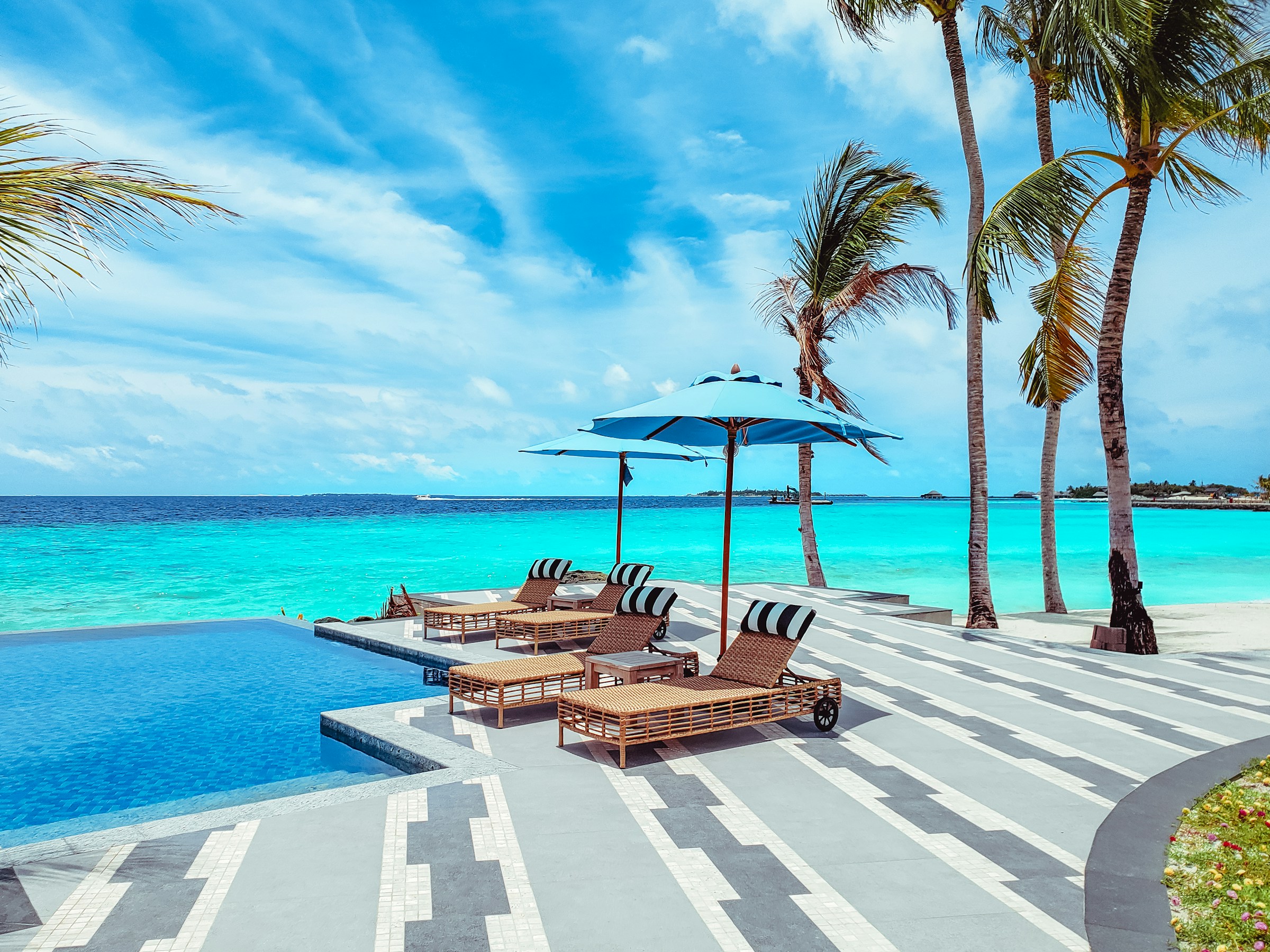 Travel and tips on destinations - Sun loungers by the pool with sea and palm trees in the background
