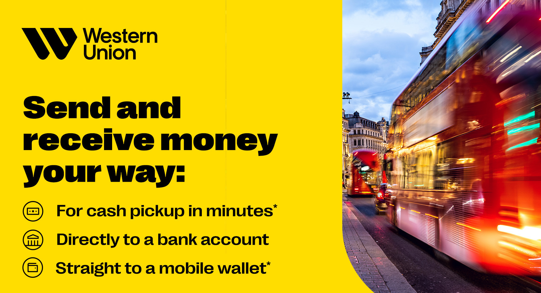 Western Union annonce med teksten “Send og modtag penge på din måde” samt billeder af en rød dobbeltdækkerbus i London og muligheder for kontant afhentning, bankkonto og mobilwallet.