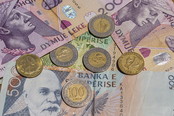 Albanian deck banknotes and coins, currency from Albania.