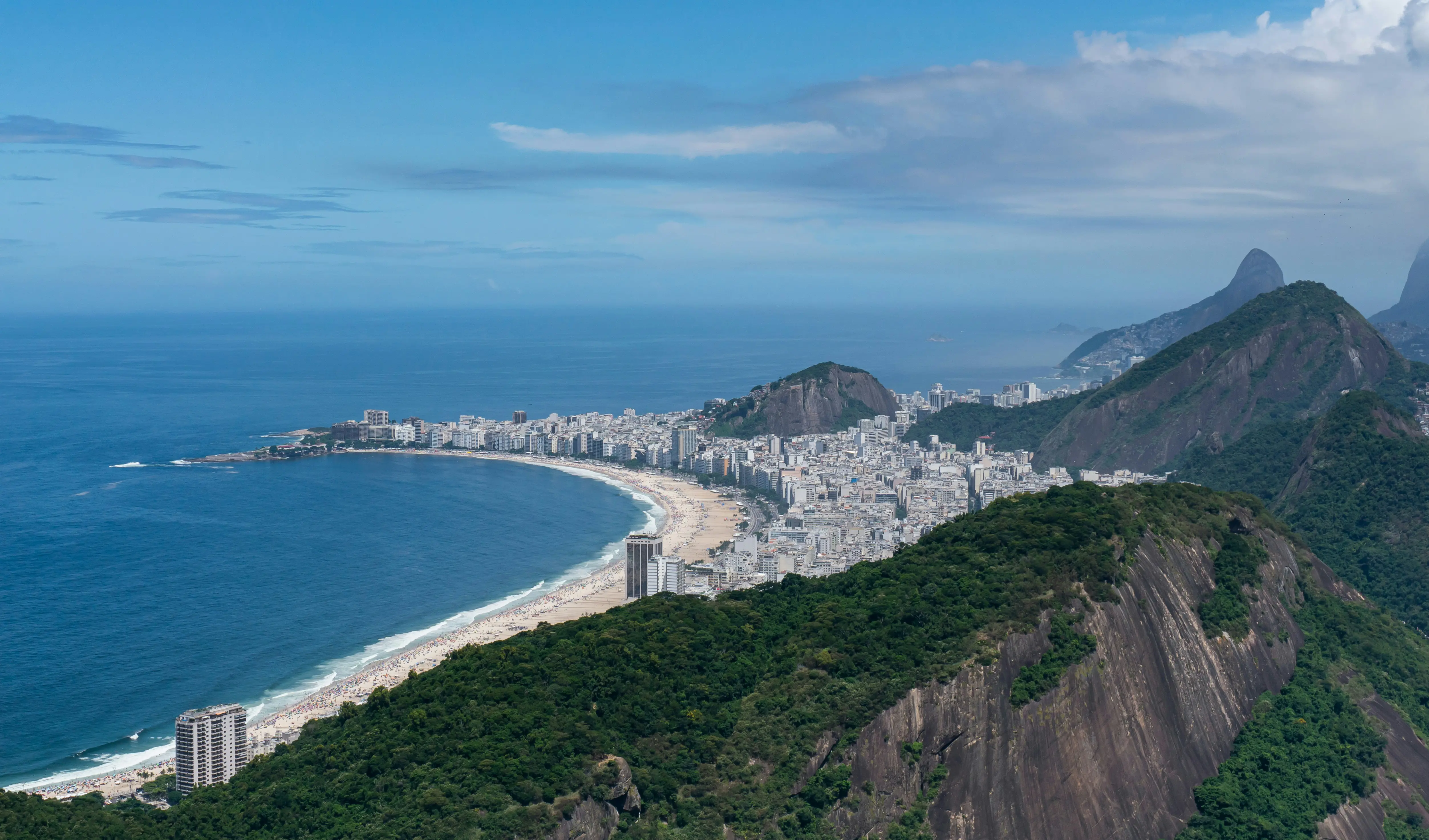 Panoramaudsigt over Rio de Janeiro, der viser Copacabana-stranden, bjerge og bylandskab under en klar blå himmel