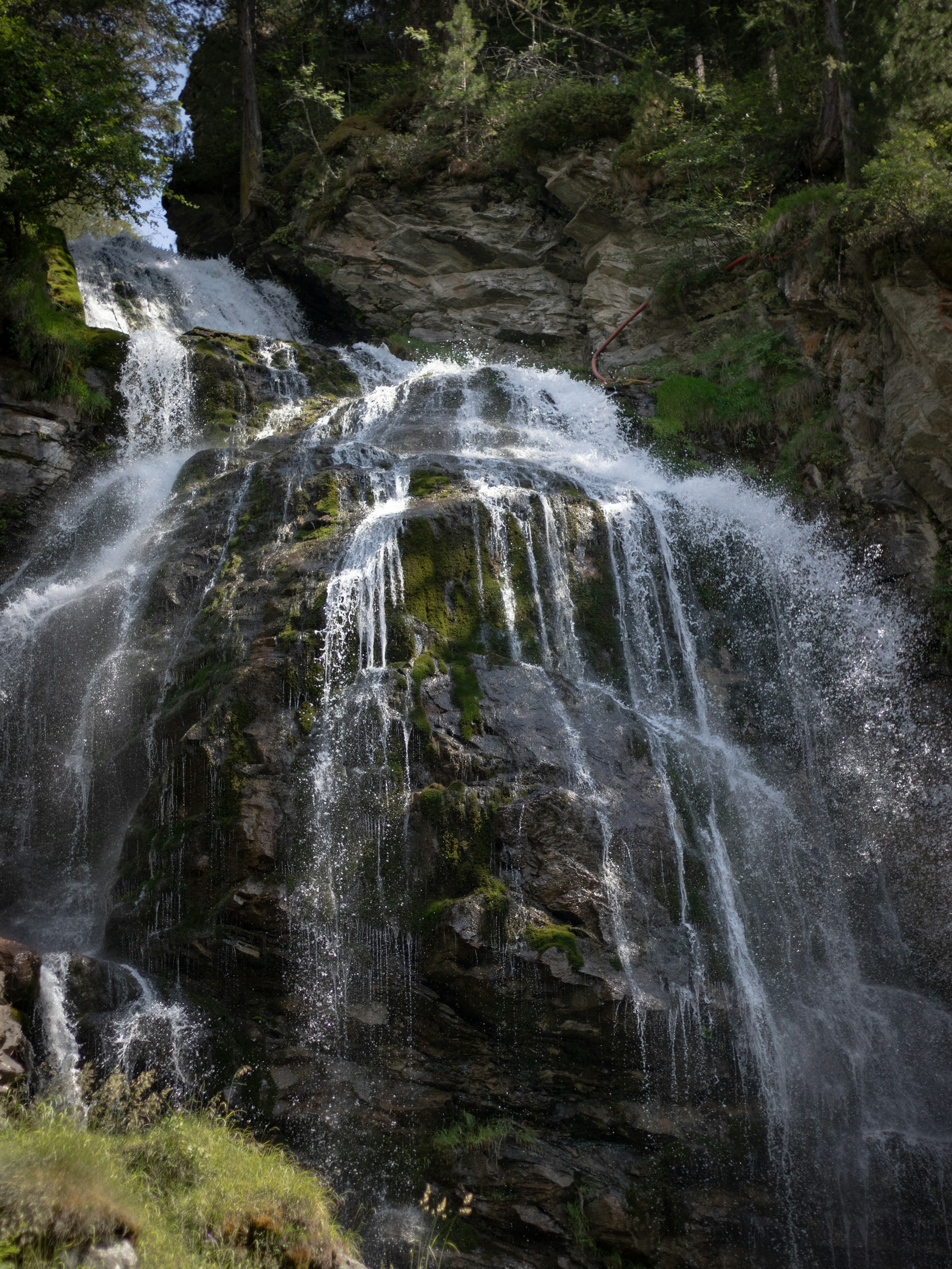 Udsigt nedefra på et smukt vandfald i en skov i Champoluc, Italien