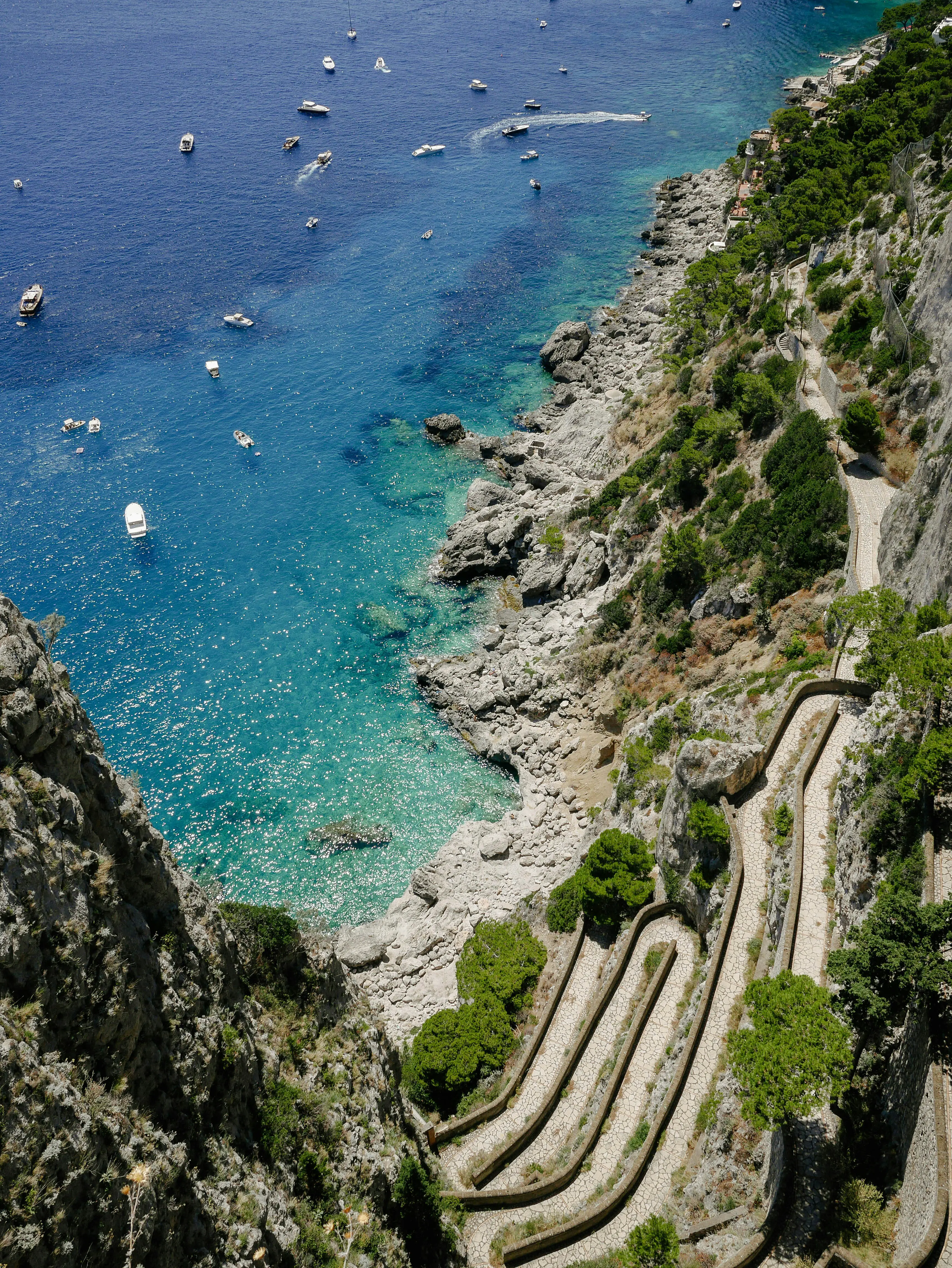 A view from above on the way down to the sea and a rocky beach in the Amalfi coast