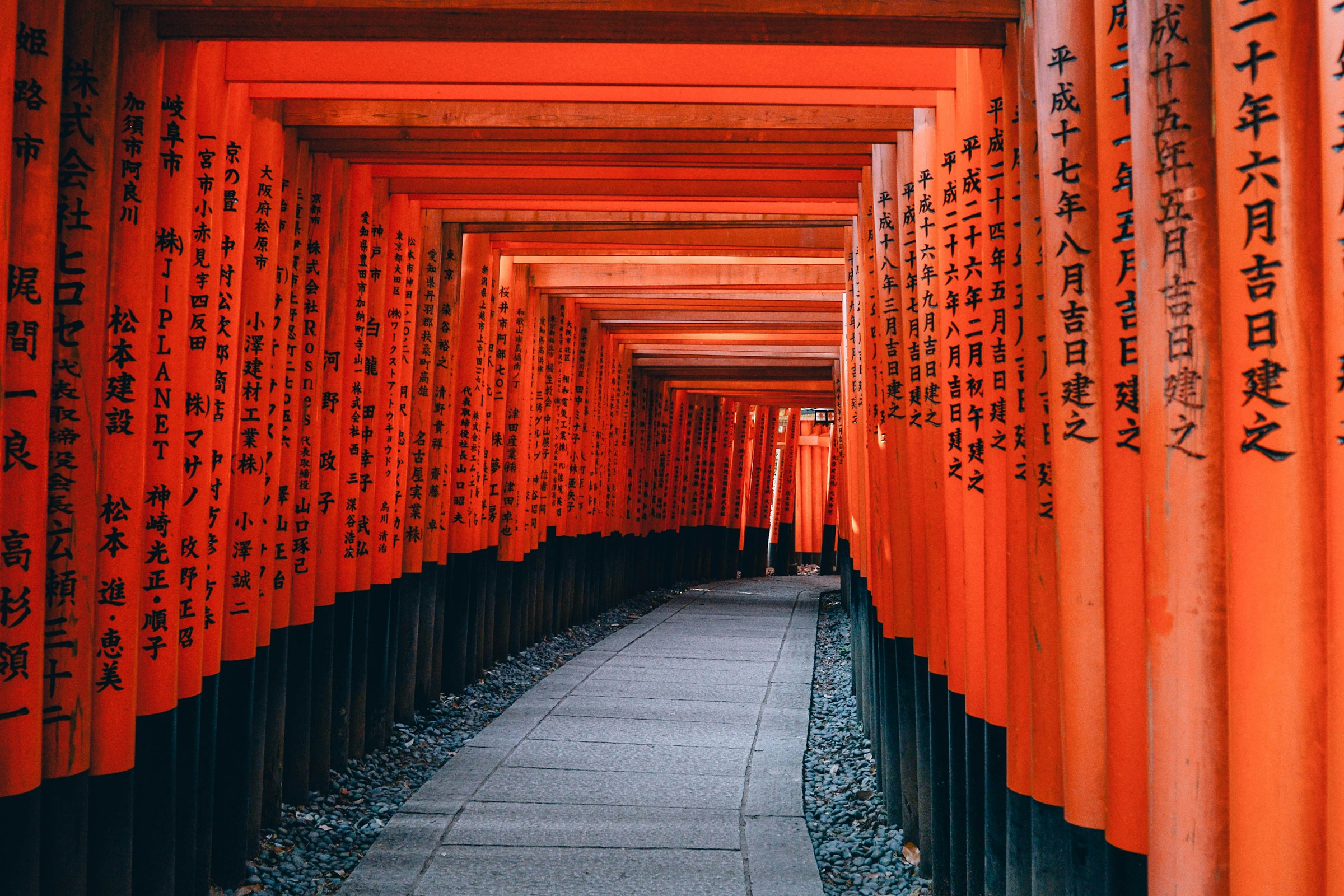 Famous Tori Shrine in Kyoto - orange logs with Japanese characters lead a way forward