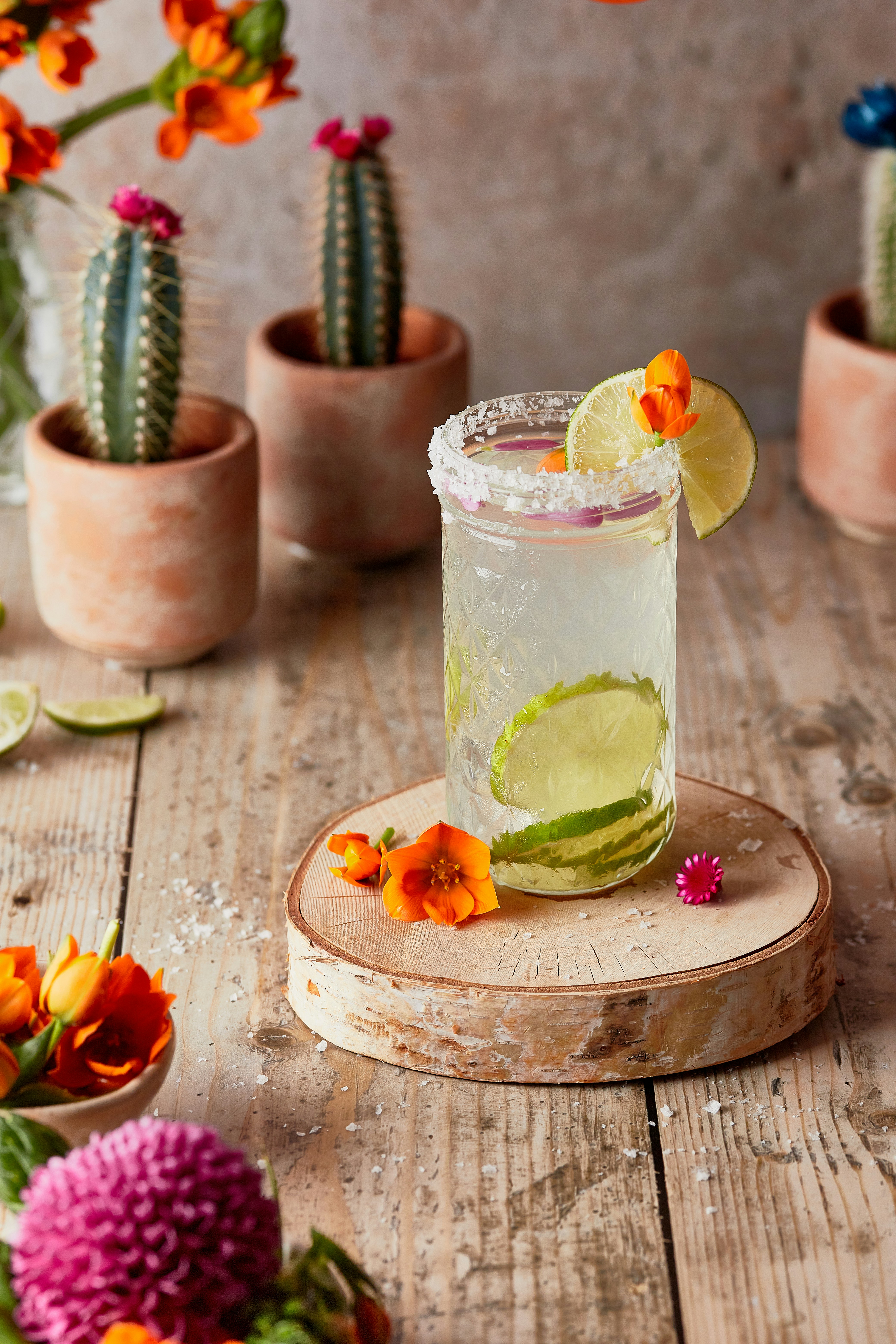 Forfriskende limecocktail pyntet med en skive lime og orange blomster, serveret i et glas med saltet kant på et rustikt træbord, omgivet af pottekaktusser og levende blomster