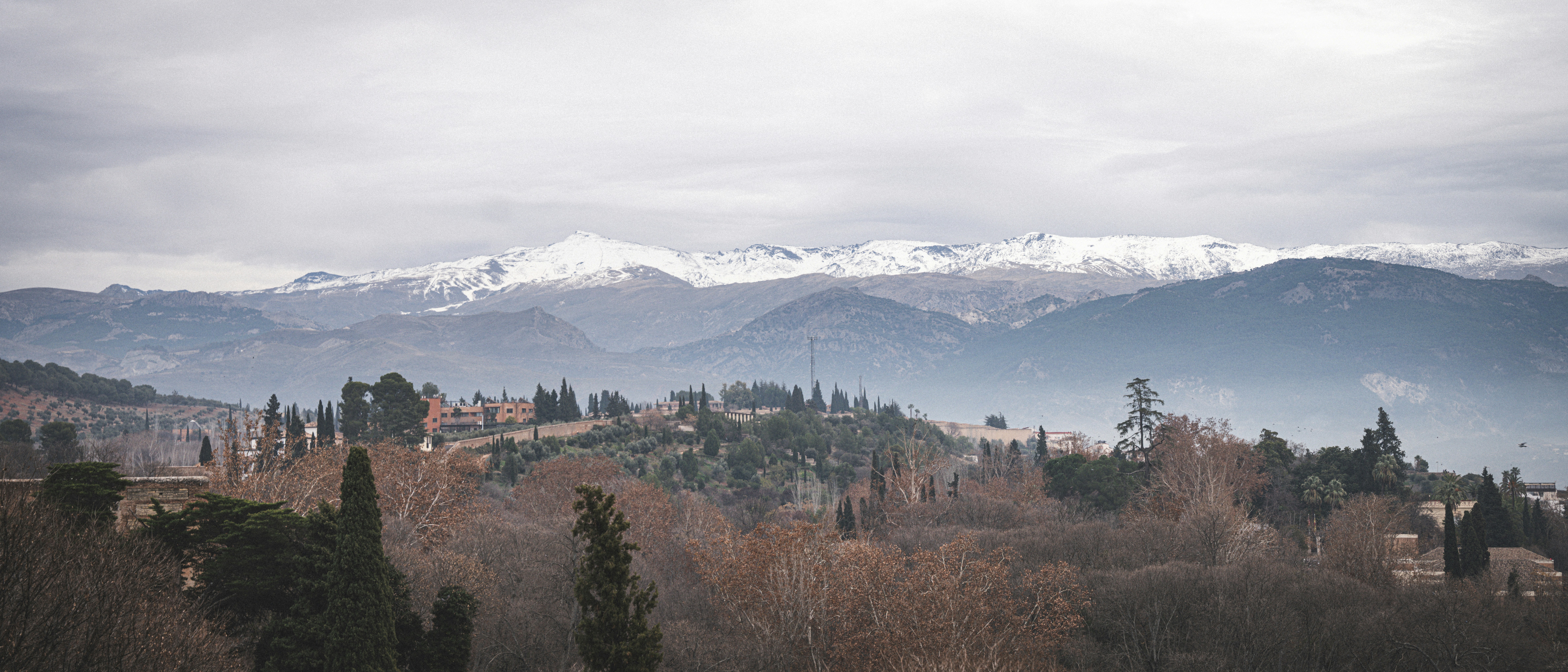 Rejser til Sierra Nevada - Panoramaudsigt over bjergkæder i Spanien med sneklædte toppe og overskyet himmel