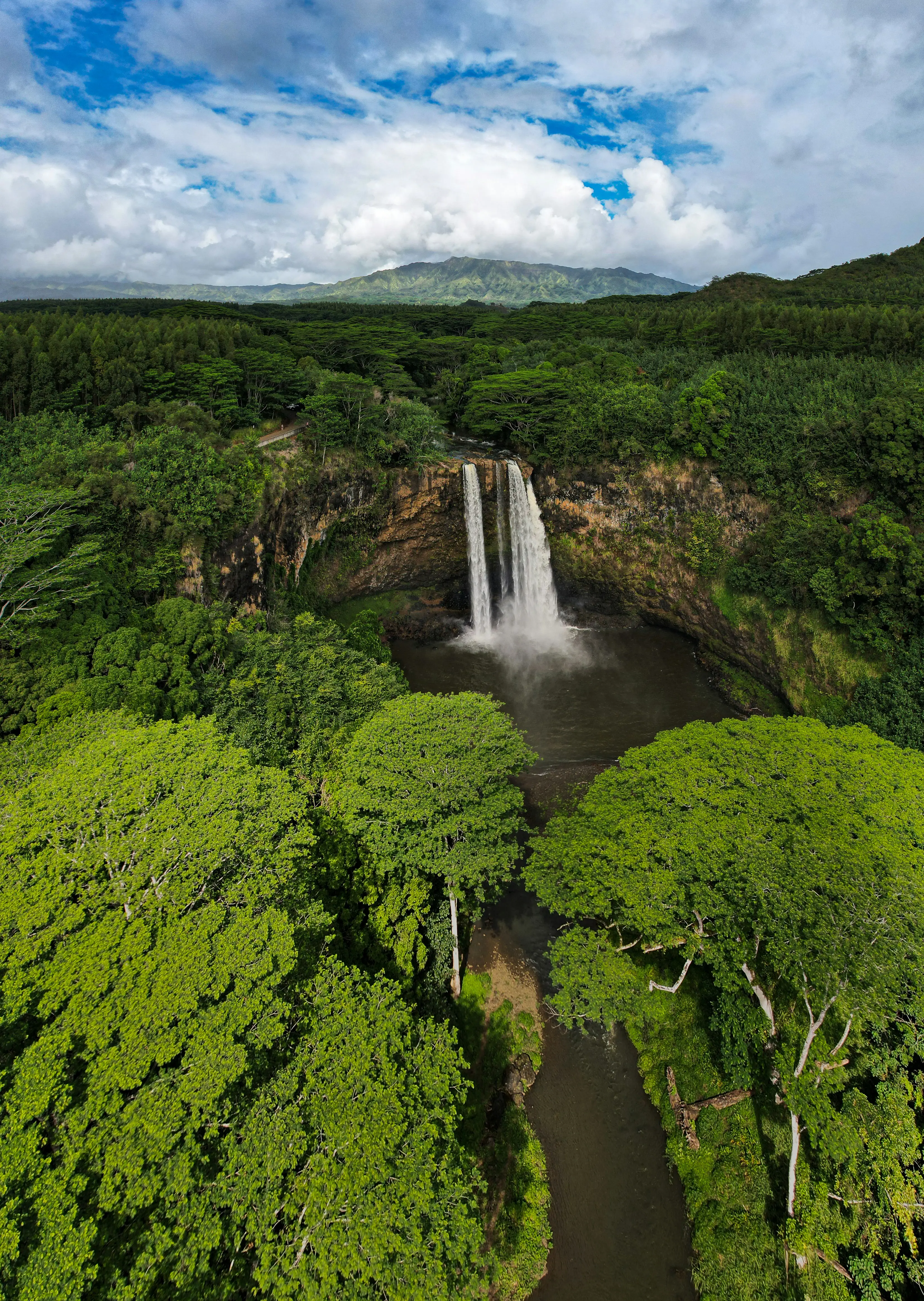 Aerial view of a waterfall surrounded by lush green forest, with mountains in the background and a partly cloudy sky above