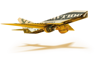 Flyvemaskine foldet af amerikanske dollarsedler, der symboliserer rejser, valuta og udgifter i udlandet.
