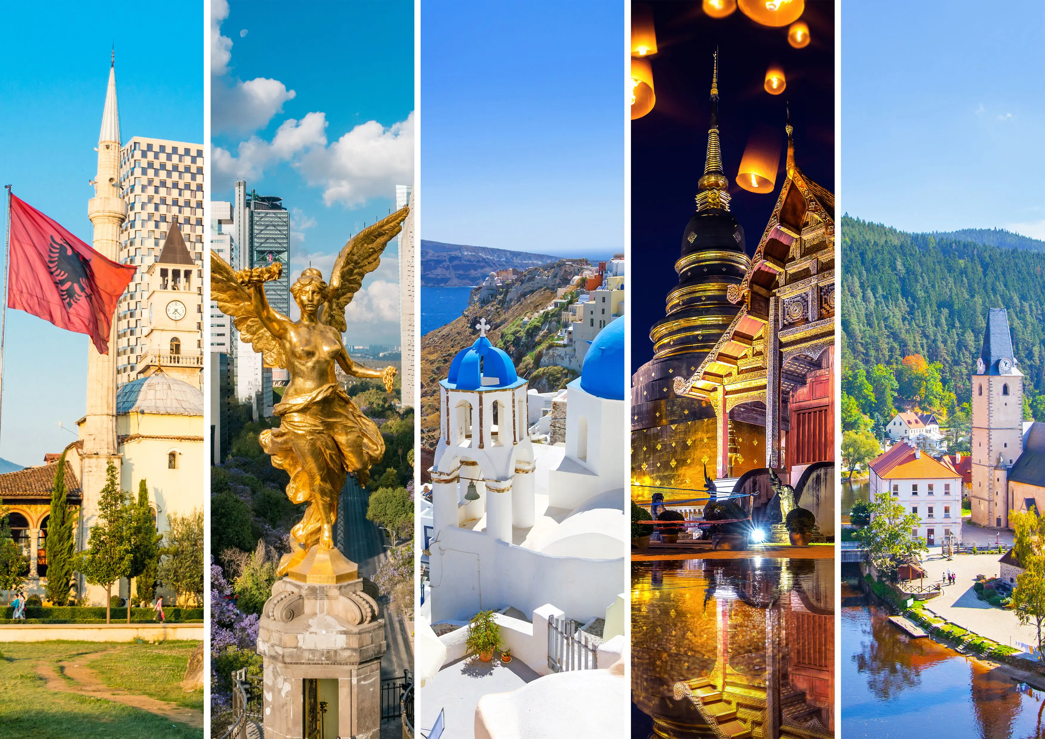 Collage af fem destinationer: Et tårn med albansk flag, statue af en moderne by, hvide og blå bygninger ved havet, oplyst tempel med gyldne detaljer og malerisk landsby med kirke omgivet af skov.
